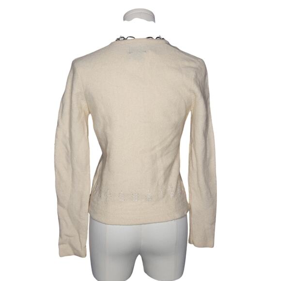Vtg Bass & Co Lambswool Off White Cream Beaded Flower Long Sleeve Sweater Sz L - Picture 5 of 9